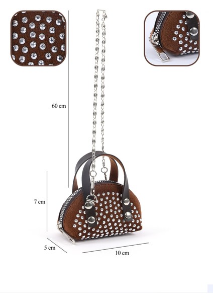 Kahve Rengi SHK220 Süet Kumaş, Tek Bölmeli, Zincir Askılı,fermuarlı, Taşlı, Mini El ve Omuz Çantası fırsatları