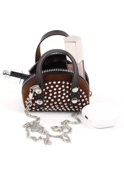 Kahve Rengi SHK220 Süet Kumaş, Tek Bölmeli, Zincir Askılı,fermuarlı, Taşlı, Mini El ve Omuz Çantası