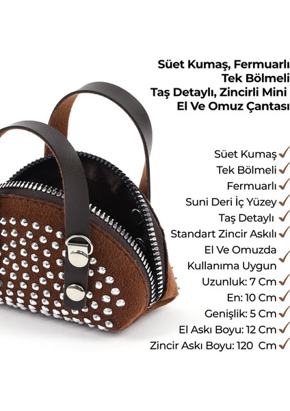 Kahve Rengi SHK220 Süet Kumaş, Tek Bölmeli, Zincir Askılı,fermuarlı, Taşlı, Mini El ve Omuz Çantası