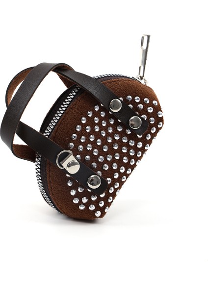 Kahve Rengi SHK220 Süet Kumaş, Tek Bölmeli, Zincir Askılı,fermuarlı, Taşlı, Mini El ve Omuz Çantası