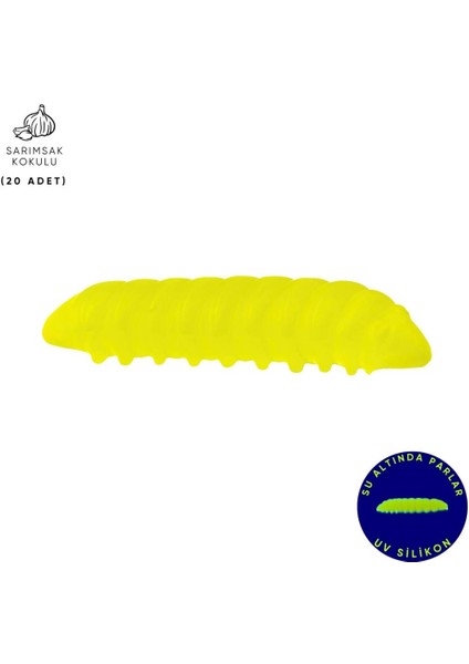 Silikon Kurt Yem - Fishack - 35MM - Sarımsak Kokulu - 20 Adet - Fluo Green - Uv - Trout Bait