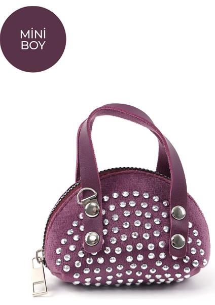 Mor SHK220 Süet Kumaş, Tek Bölmeli, Zincir Askılı,fermuarlı, Taşlı, Mini El ve Omuz Çantası