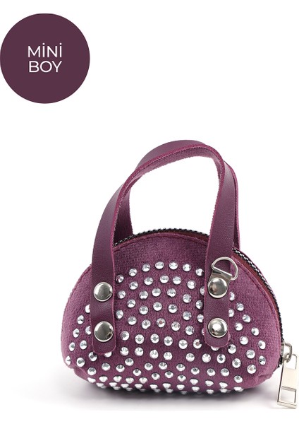 Mor SHK220 Süet Kumaş, Tek Bölmeli, Zincir Askılı,fermuarlı, Taşlı, Mini El ve Omuz Çantası modelleri