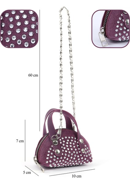 Mor SHK220 Süet Kumaş, Tek Bölmeli, Zincir Askılı,fermuarlı, Taşlı, Mini El ve Omuz Çantası fırsatları