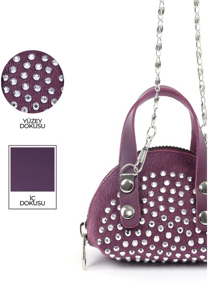 Mor SHK220 Süet Kumaş, Tek Bölmeli, Zincir Askılı,fermuarlı, Taşlı, Mini El ve Omuz Çantası indirimleri