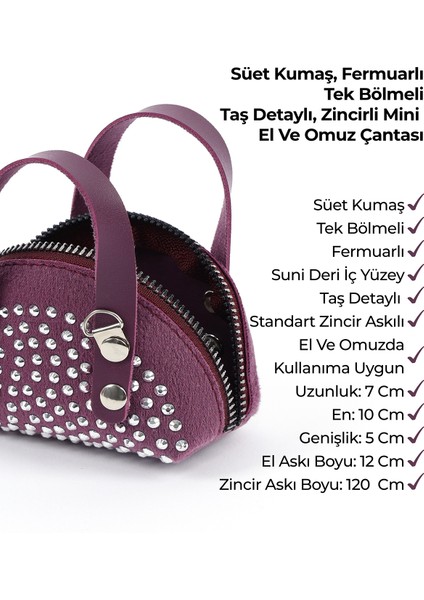Mor SHK220 Süet Kumaş, Tek Bölmeli, Zincir Askılı,fermuarlı, Taşlı, Mini El ve Omuz Çantası
