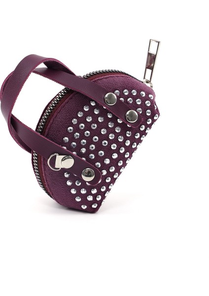 Mor SHK220 Süet Kumaş, Tek Bölmeli, Zincir Askılı,fermuarlı, Taşlı, Mini El ve Omuz Çantası