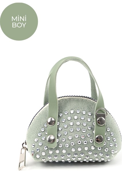 Mint Yeşil SHK220 Süet Kumaş, Tek Bölmeli, Zincir Askılı,fermuarlı, Taşlı, Mini El ve Omuz Çantası