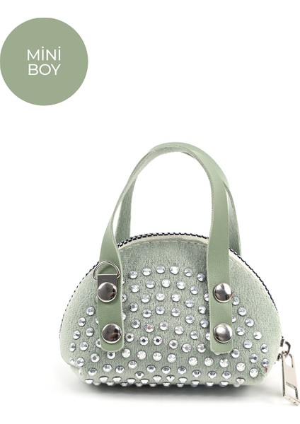 Mint Yeşil SHK220 Süet Kumaş, Tek Bölmeli, Zincir Askılı,fermuarlı, Taşlı, Mini El ve Omuz Çantası modelleri