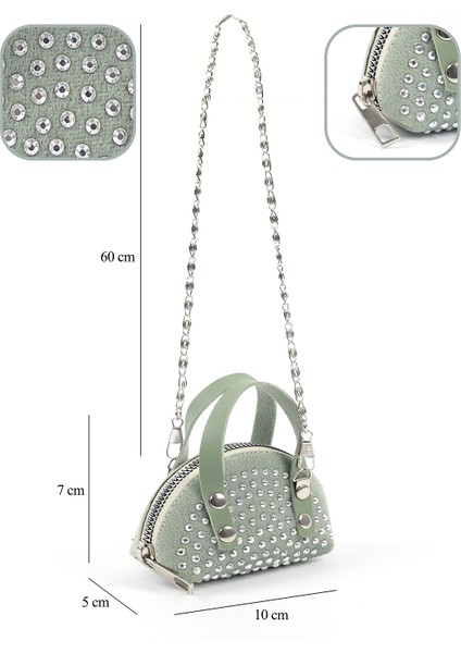 Mint Yeşil SHK220 Süet Kumaş, Tek Bölmeli, Zincir Askılı,fermuarlı, Taşlı, Mini El ve Omuz Çantası fırsatları