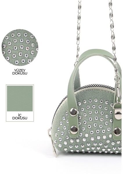 Mint Yeşil SHK220 Süet Kumaş, Tek Bölmeli, Zincir Askılı,fermuarlı, Taşlı, Mini El ve Omuz Çantası indirimleri