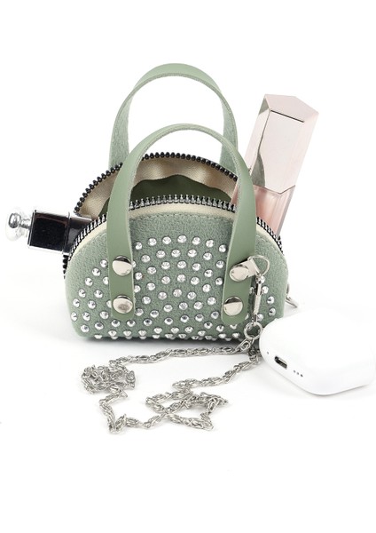 Mint Yeşil SHK220 Süet Kumaş, Tek Bölmeli, Zincir Askılı,fermuarlı, Taşlı, Mini El ve Omuz Çantası