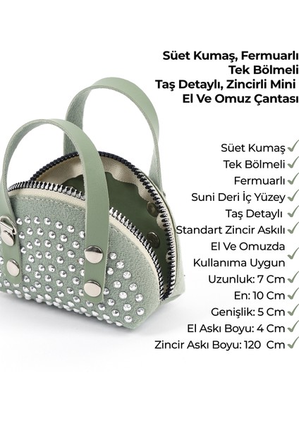 Mint Yeşil SHK220 Süet Kumaş, Tek Bölmeli, Zincir Askılı,fermuarlı, Taşlı, Mini El ve Omuz Çantası