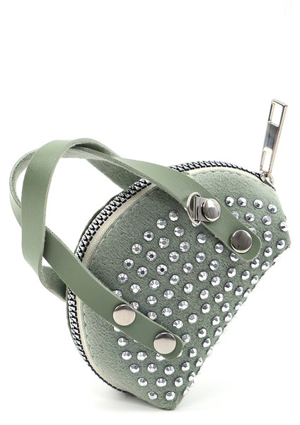 Mint Yeşil SHK220 Süet Kumaş, Tek Bölmeli, Zincir Askılı,fermuarlı, Taşlı, Mini El ve Omuz Çantası