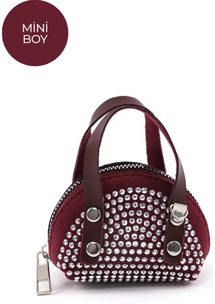Bordo SHK220 Süet Kumaş, Tek Bölmeli, Zincir Askılı,fermuarlı, Taşlı, Mini El ve Omuz Çantası