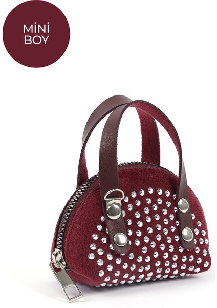 Bordo SHK220 Süet Kumaş, Tek Bölmeli, Zincir Askılı,fermuarlı, Taşlı, Mini El ve Omuz Çantası fiyatları