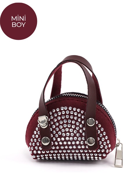 Bordo SHK220 Süet Kumaş, Tek Bölmeli, Zincir Askılı,fermuarlı, Taşlı, Mini El ve Omuz Çantası modelleri