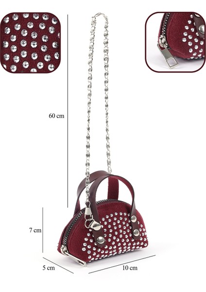 Bordo SHK220 Süet Kumaş, Tek Bölmeli, Zincir Askılı,fermuarlı, Taşlı, Mini El ve Omuz Çantası fırsatları