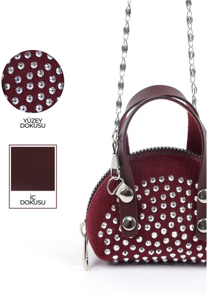 Bordo SHK220 Süet Kumaş, Tek Bölmeli, Zincir Askılı,fermuarlı, Taşlı, Mini El ve Omuz Çantası indirimleri
