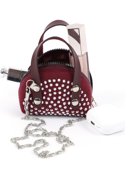 Bordo SHK220 Süet Kumaş, Tek Bölmeli, Zincir Askılı,fermuarlı, Taşlı, Mini El ve Omuz Çantası