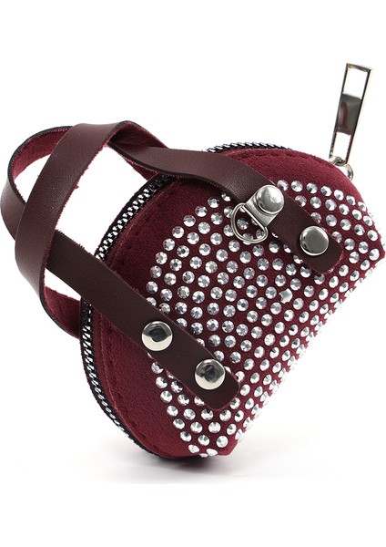Bordo SHK220 Süet Kumaş, Tek Bölmeli, Zincir Askılı,fermuarlı, Taşlı, Mini El ve Omuz Çantası