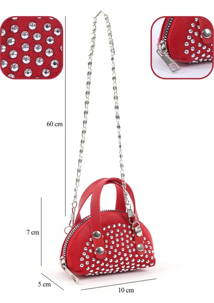 Kırmızı SHK220 Süet Kumaş, Tek Bölmeli, Zincir Askılı,fermuarlı, Taşlı, Mini El ve Omuz Çantası fırsatları