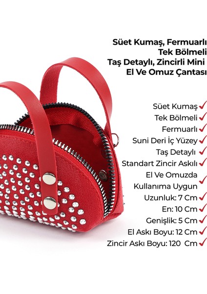 Kırmızı SHK220 Süet Kumaş, Tek Bölmeli, Zincir Askılı,fermuarlı, Taşlı, Mini El ve Omuz Çantası