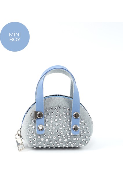 Mavi SHK220 Süet Kumaş, Tek Bölmeli, Zincir Askılı,fermuarlı, Taşlı, Mini El ve Omuz Çantası