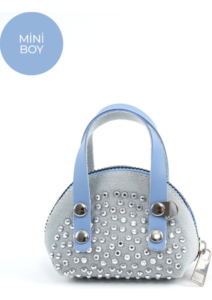 Mavi SHK220 Süet Kumaş, Tek Bölmeli, Zincir Askılı,fermuarlı, Taşlı, Mini El ve Omuz Çantası modelleri