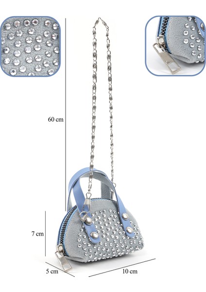 Mavi SHK220 Süet Kumaş, Tek Bölmeli, Zincir Askılı,fermuarlı, Taşlı, Mini El ve Omuz Çantası fırsatları