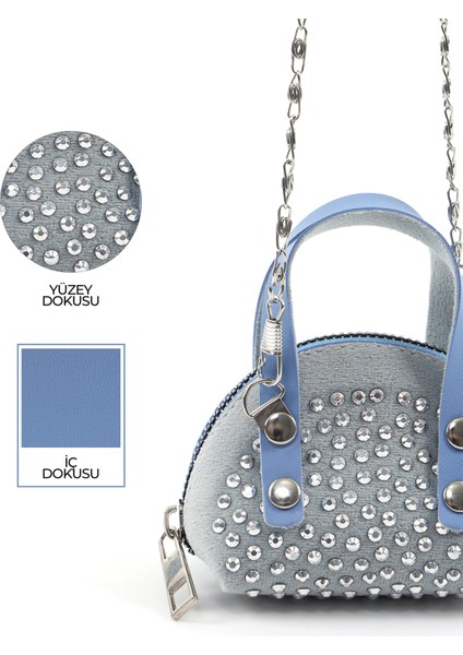 Mavi SHK220 Süet Kumaş, Tek Bölmeli, Zincir Askılı,fermuarlı, Taşlı, Mini El ve Omuz Çantası indirimleri
