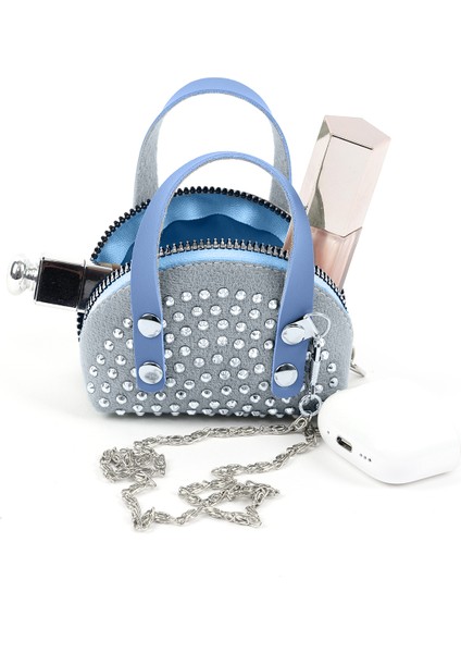 Mavi SHK220 Süet Kumaş, Tek Bölmeli, Zincir Askılı,fermuarlı, Taşlı, Mini El ve Omuz Çantası