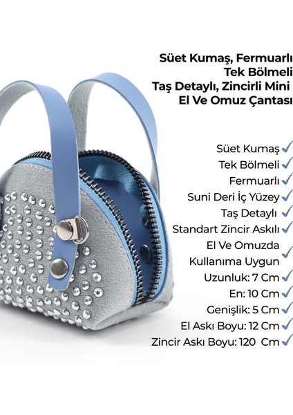 Mavi SHK220 Süet Kumaş, Tek Bölmeli, Zincir Askılı,fermuarlı, Taşlı, Mini El ve Omuz Çantası