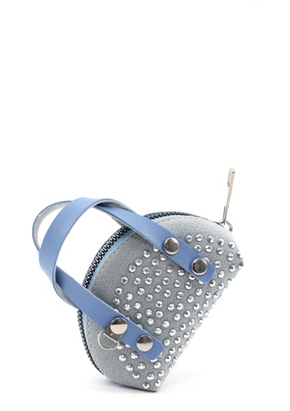 Mavi SHK220 Süet Kumaş, Tek Bölmeli, Zincir Askılı,fermuarlı, Taşlı, Mini El ve Omuz Çantası