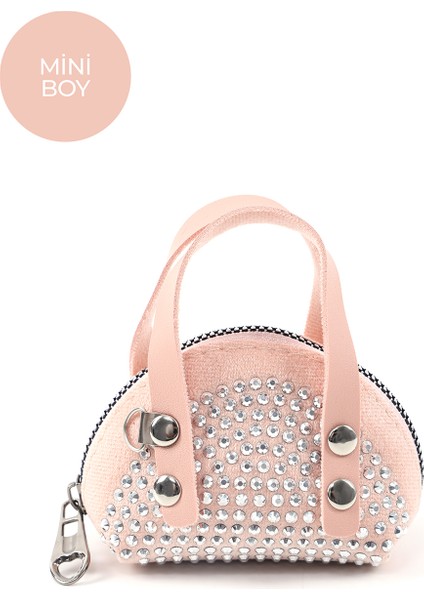 Pudra SHK220 Süet Kumaş, Tek Bölmeli, Zincir Askılı,fermuarlı, Taşlı, Mini El ve Omuz Çantası