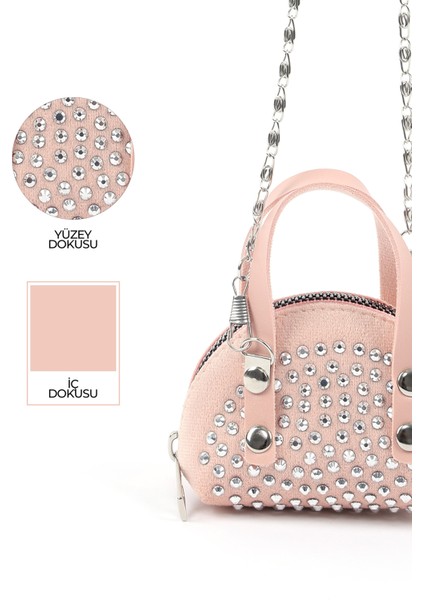 Pudra SHK220 Süet Kumaş, Tek Bölmeli, Zincir Askılı,fermuarlı, Taşlı, Mini El ve Omuz Çantası indirimleri
