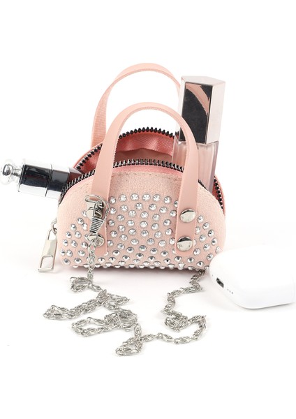 Pudra SHK220 Süet Kumaş, Tek Bölmeli, Zincir Askılı,fermuarlı, Taşlı, Mini El ve Omuz Çantası