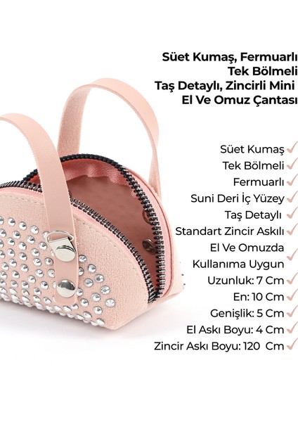 Pudra SHK220 Süet Kumaş, Tek Bölmeli, Zincir Askılı,fermuarlı, Taşlı, Mini El ve Omuz Çantası
