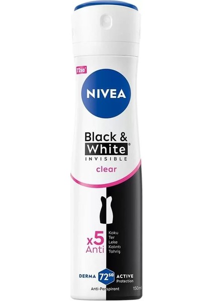 Kadın Sprey Deodorant Black&white Invisible Clear 150ML, 72 Saat Anti-Perspirant Koruma