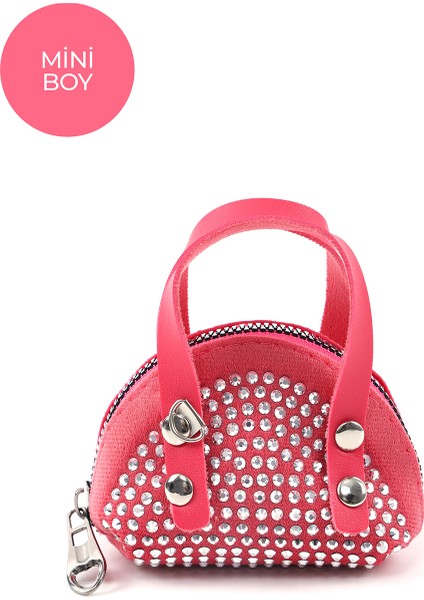 Fuşya SHK220 Süet Kumaş, Tek Bölmeli, Zincir Askılı,fermuarlı, Taşlı, Mini El ve Omuz Çantası