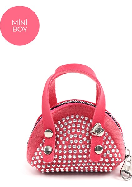 Fuşya SHK220 Süet Kumaş, Tek Bölmeli, Zincir Askılı,fermuarlı, Taşlı, Mini El ve Omuz Çantası modelleri