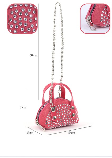 Fuşya SHK220 Süet Kumaş, Tek Bölmeli, Zincir Askılı,fermuarlı, Taşlı, Mini El ve Omuz Çantası fırsatları