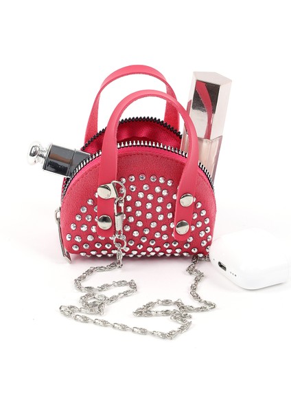 Fuşya SHK220 Süet Kumaş, Tek Bölmeli, Zincir Askılı,fermuarlı, Taşlı, Mini El ve Omuz Çantası