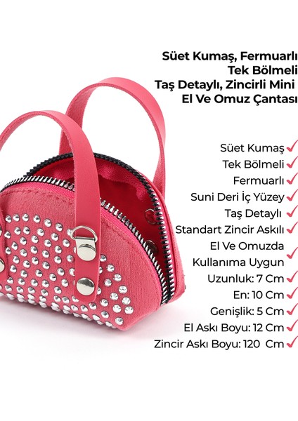 Fuşya SHK220 Süet Kumaş, Tek Bölmeli, Zincir Askılı,fermuarlı, Taşlı, Mini El ve Omuz Çantası
