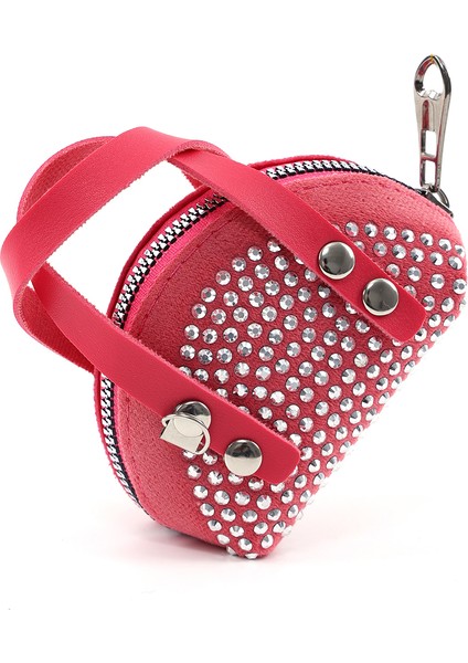 Fuşya SHK220 Süet Kumaş, Tek Bölmeli, Zincir Askılı,fermuarlı, Taşlı, Mini El ve Omuz Çantası