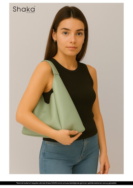 Mint Yeşil SHK19 Suni Deri, Çıtçıtlı, Tek Bölmeli, Fermuarlı Makyaj Çantalı, El, Kol ve Omuz Çantası