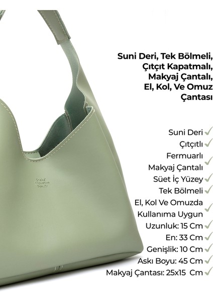 Mint Yeşil SHK19 Suni Deri, Çıtçıtlı, Tek Bölmeli, Fermuarlı Makyaj Çantalı, El, Kol ve Omuz Çantası