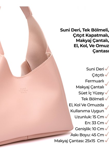 Pudra SHK19 Suni Deri, Çıtçıtlı, Tek Bölmeli, Fermuarlı Makyaj Çantalı, El, Kol ve Omuz Çantası
