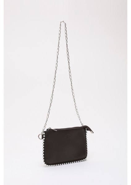 Kahve Rengi SHK125 Suni Deri Boncuk Detaylı Fermuarlı Tek Bölmeli Zincir Askılı Omuz Çantası fiyatları