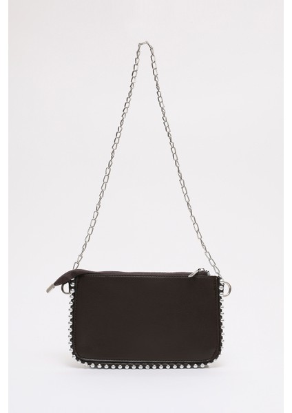 Kahve Rengi SHK125 Suni Deri Boncuk Detaylı Fermuarlı Tek Bölmeli Zincir Askılı Omuz Çantası modelleri